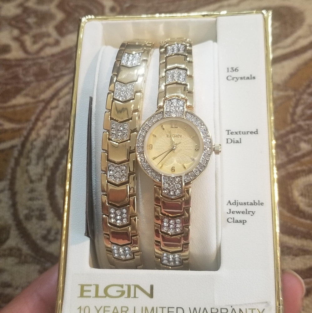 ELGIN Watch & Bracelet                   Crystals & Gold Tone